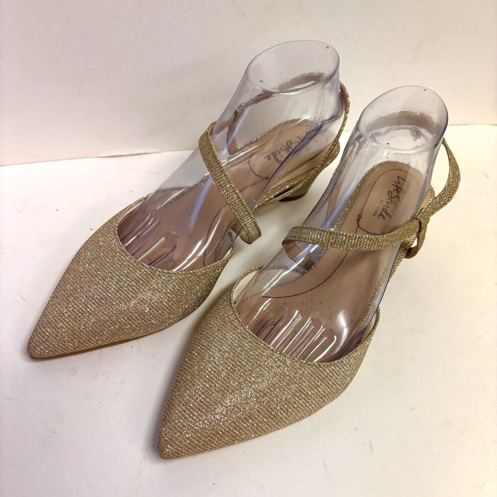 LifeStride Shoes Womens 10M Gold Minimalist Glitter Slingback Block Heels NEW - Picture 2 of 12